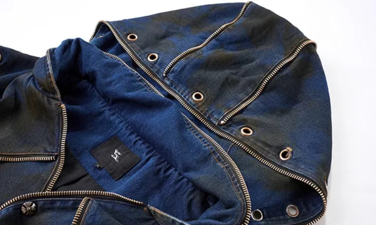 Blue hooded denim vest coat with matching trousers in Korean heavy industry deconstructs style