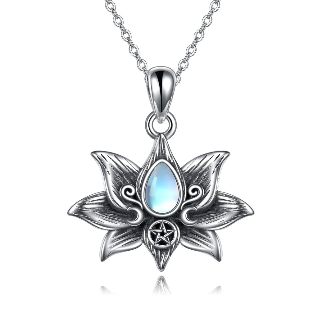Sterling silver moonstone teardrop lotus flower pendant necklace on 18-inch O-chain