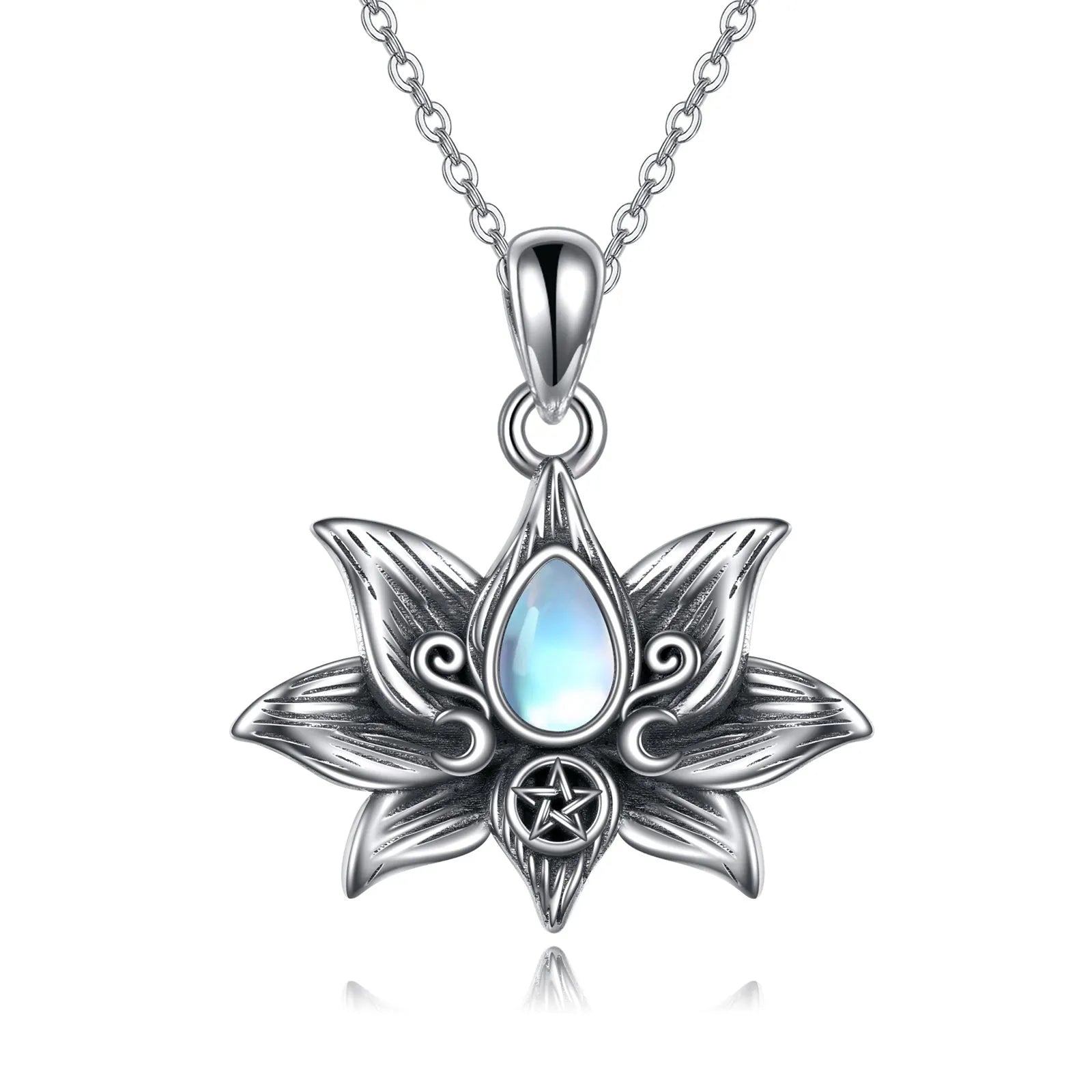 Sterling silver moonstone teardrop lotus flower pendant necklace on 18-inch O-chain