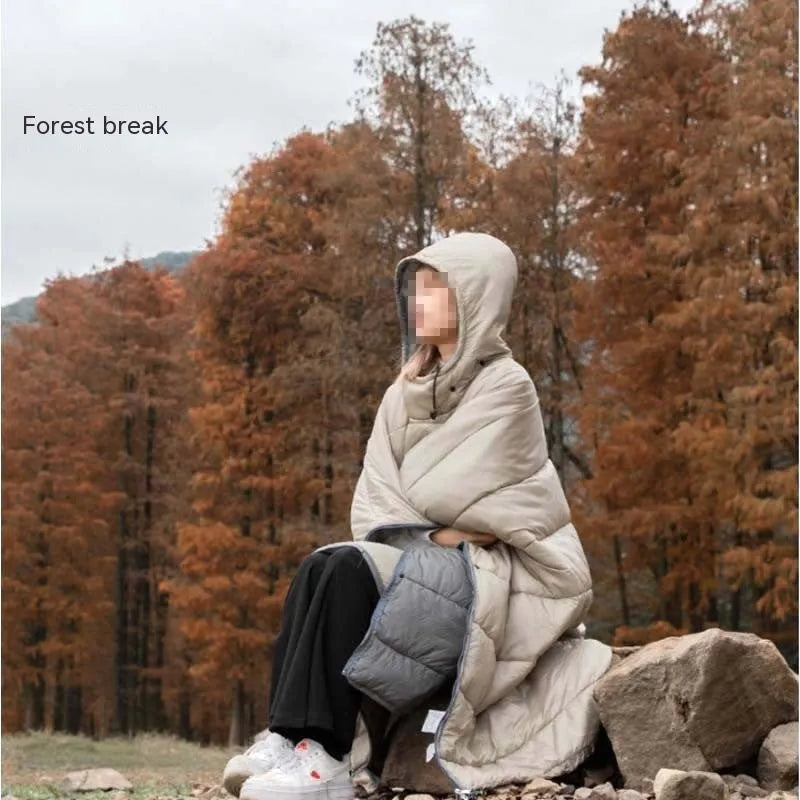 Army Green wearable sleeping bag cloak laid flat showing 200x140cm dimensions and convertible design