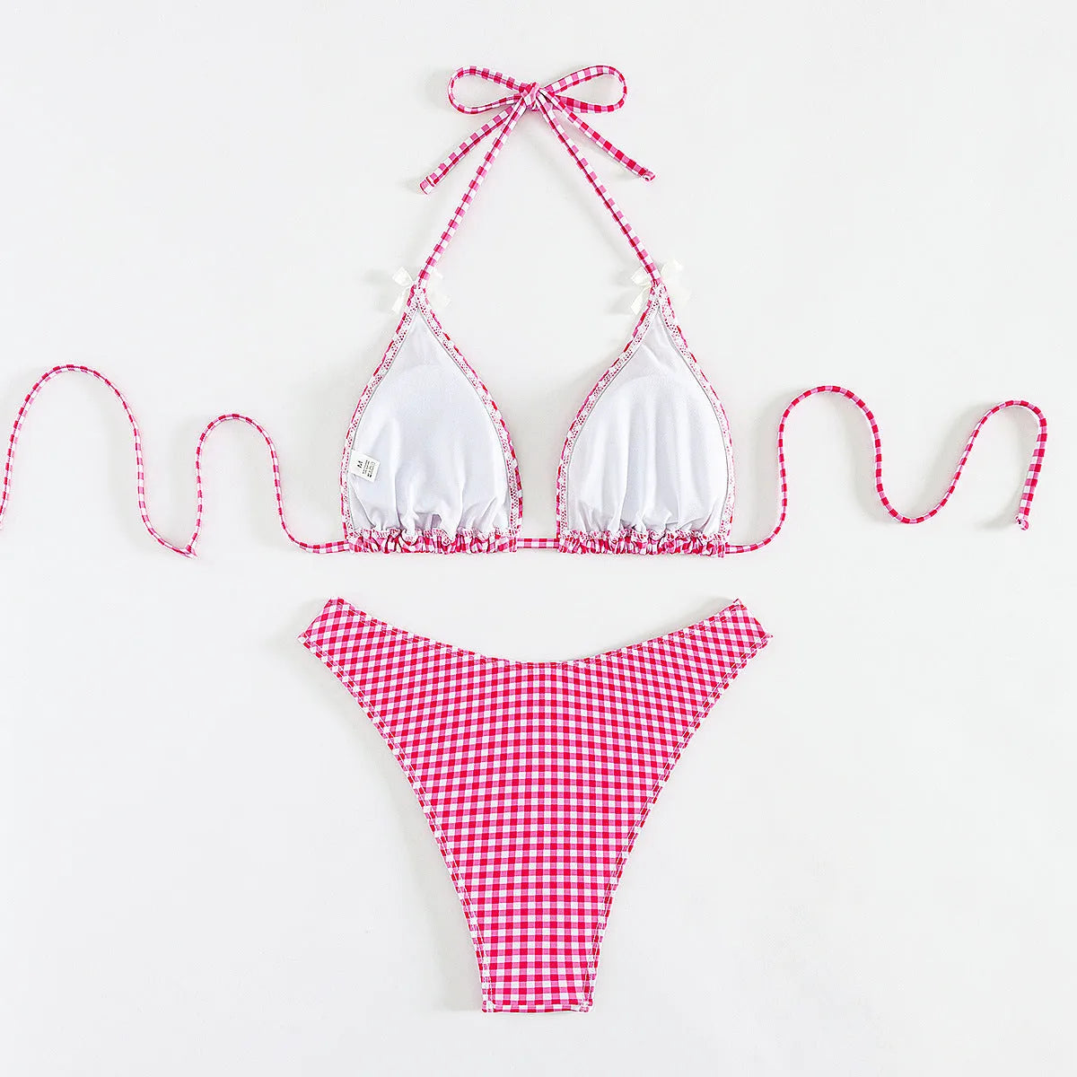 Women's plaid banded bikini swimsuit set with top and briefs in polyester