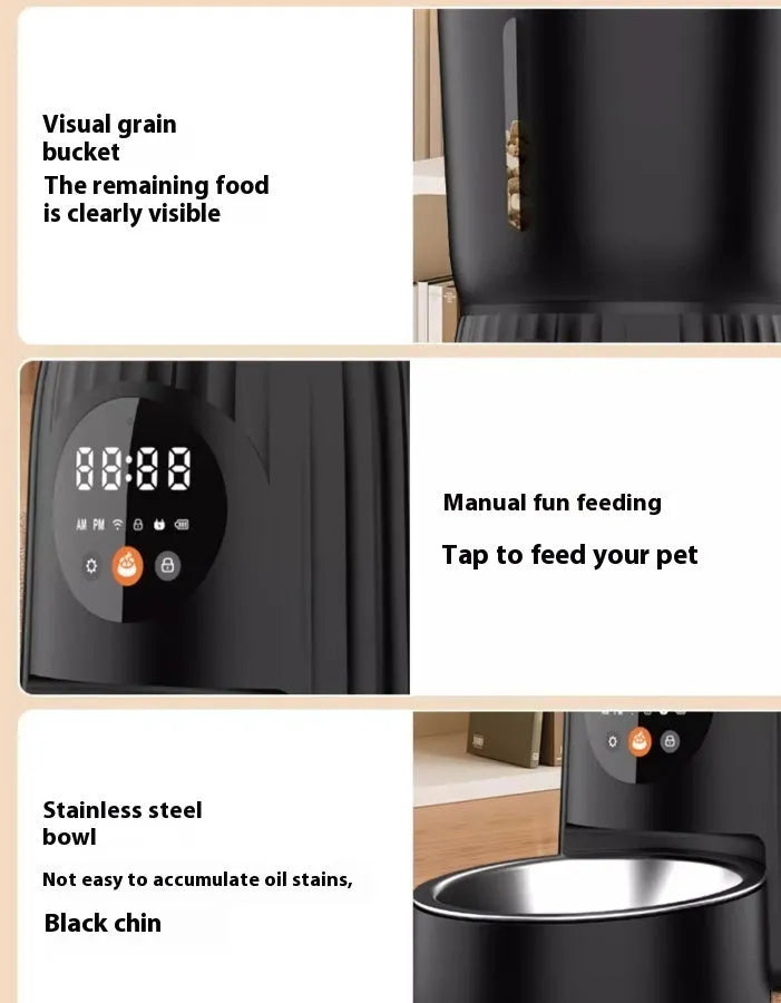 Black and white automatic pet feeder with digital timer and USB cable for remote, portion-controlled feeding.