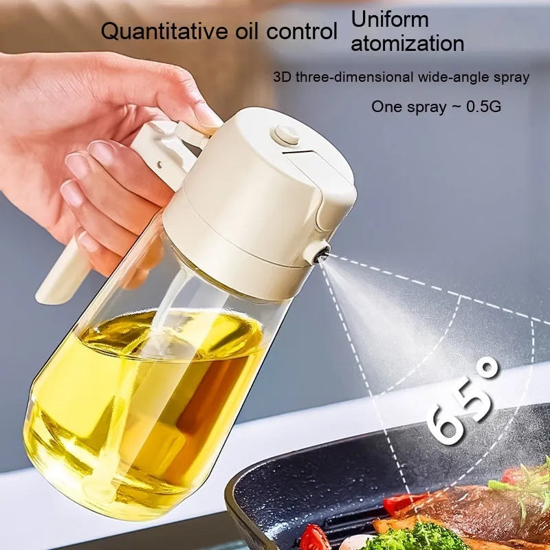 470ml glass oil sprayer and pour bottle in beige, black, green, and yellow colours with ergonomic handle
