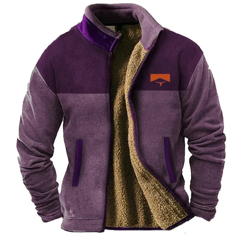 Men's green polyester padded coat with a regular fit and fleece lining on a hanger.