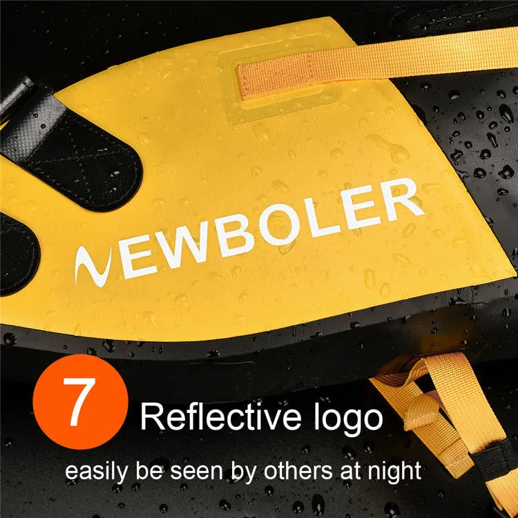 Yellow waterproof PVC bicycle tail bag mounted on a bike rack, showing its 58cm length and large main compartment.