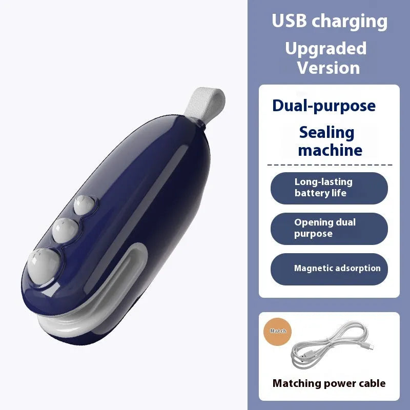 Mini automatic electric thermal sealing machine in ivory white with USB cable, ABS body, 12.2cm length