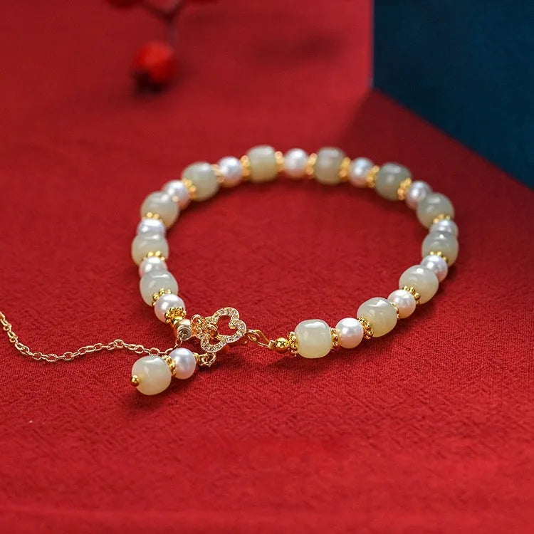 Hetian Jade women's bracelet with natural jade pearl pendant and gold electroplated alloy metal