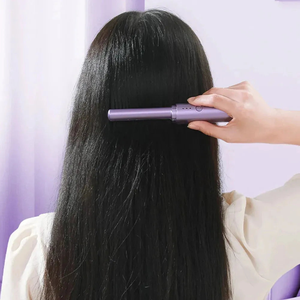 Cordless hair straightener brush with ceramic coating, available in purple, green, and pink, showing compact design