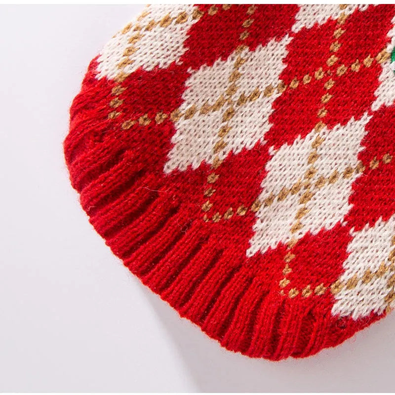 Red and white argyle knitted dog sweater with cherry embroidery for small dogs and cats