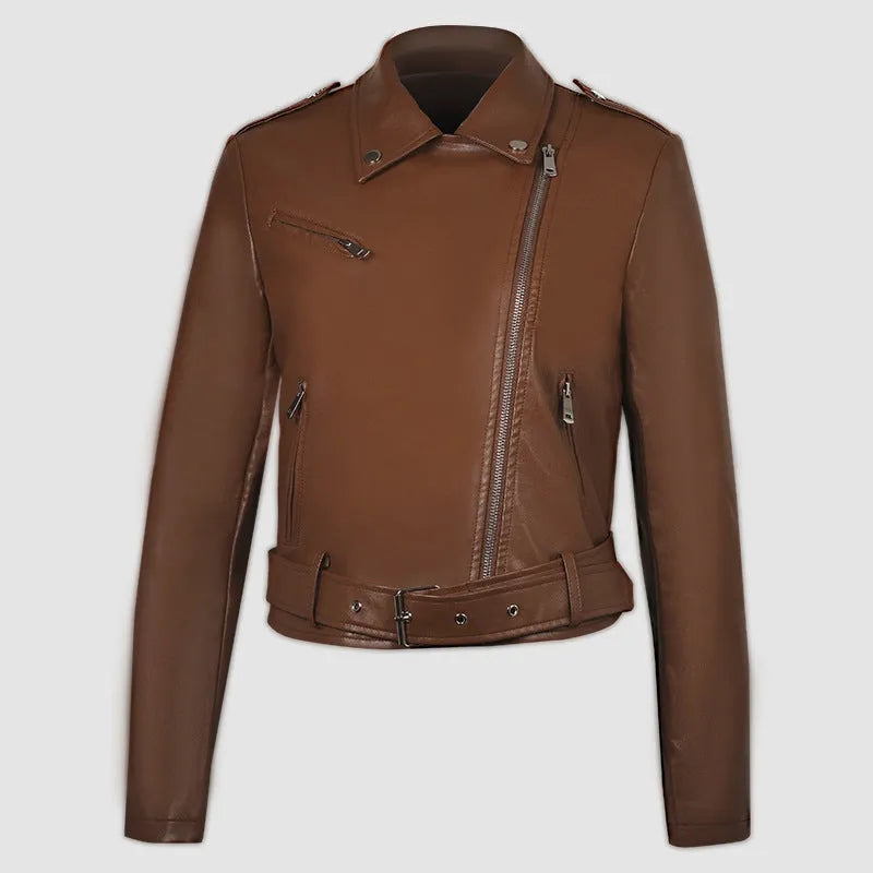 Women's black PU leather biker jacket with lapel collar and an adjustable waist belt on a hanger.