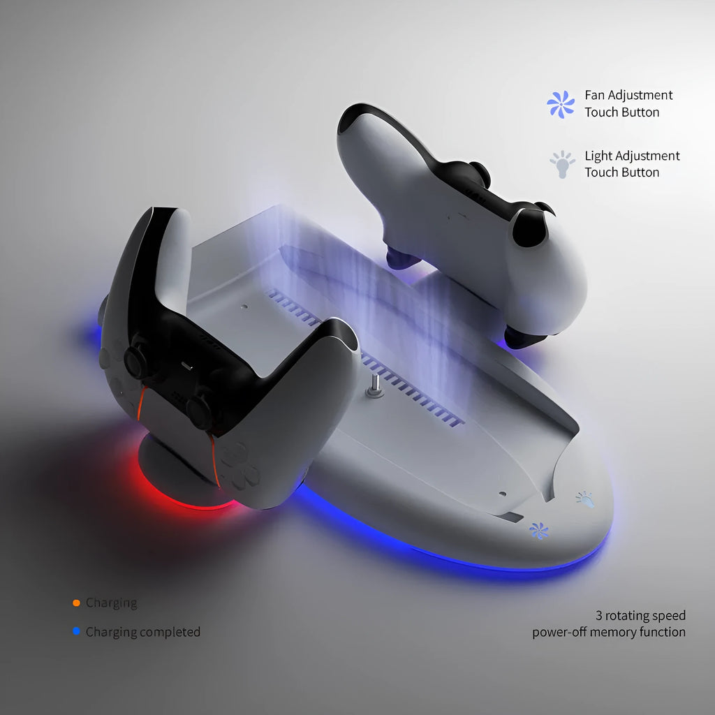 White PS5 Slim multifunctional cooling pad with RGB lighting and controller charging dock