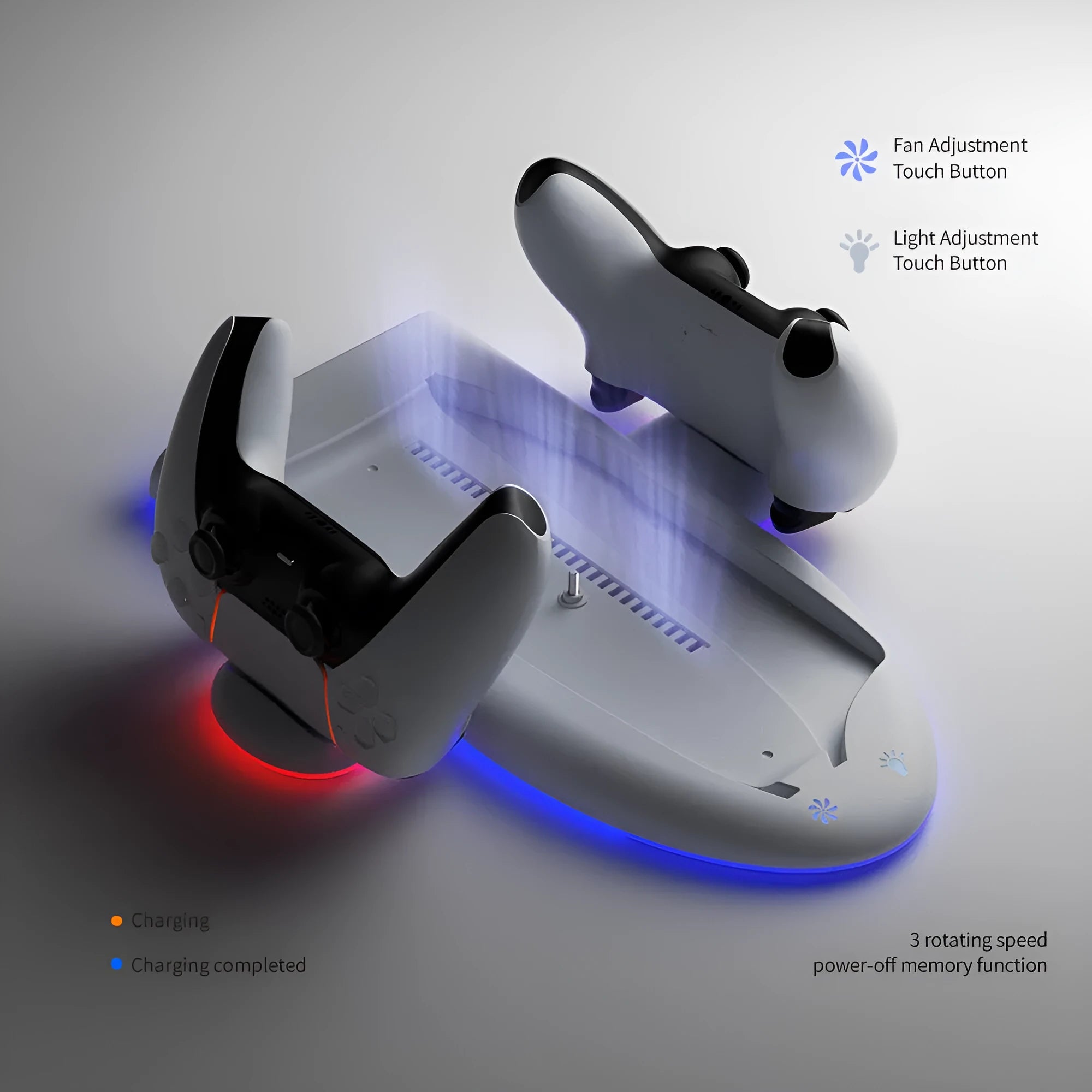 White PS5 Slim multifunctional cooling pad with RGB lighting and controller charging dock