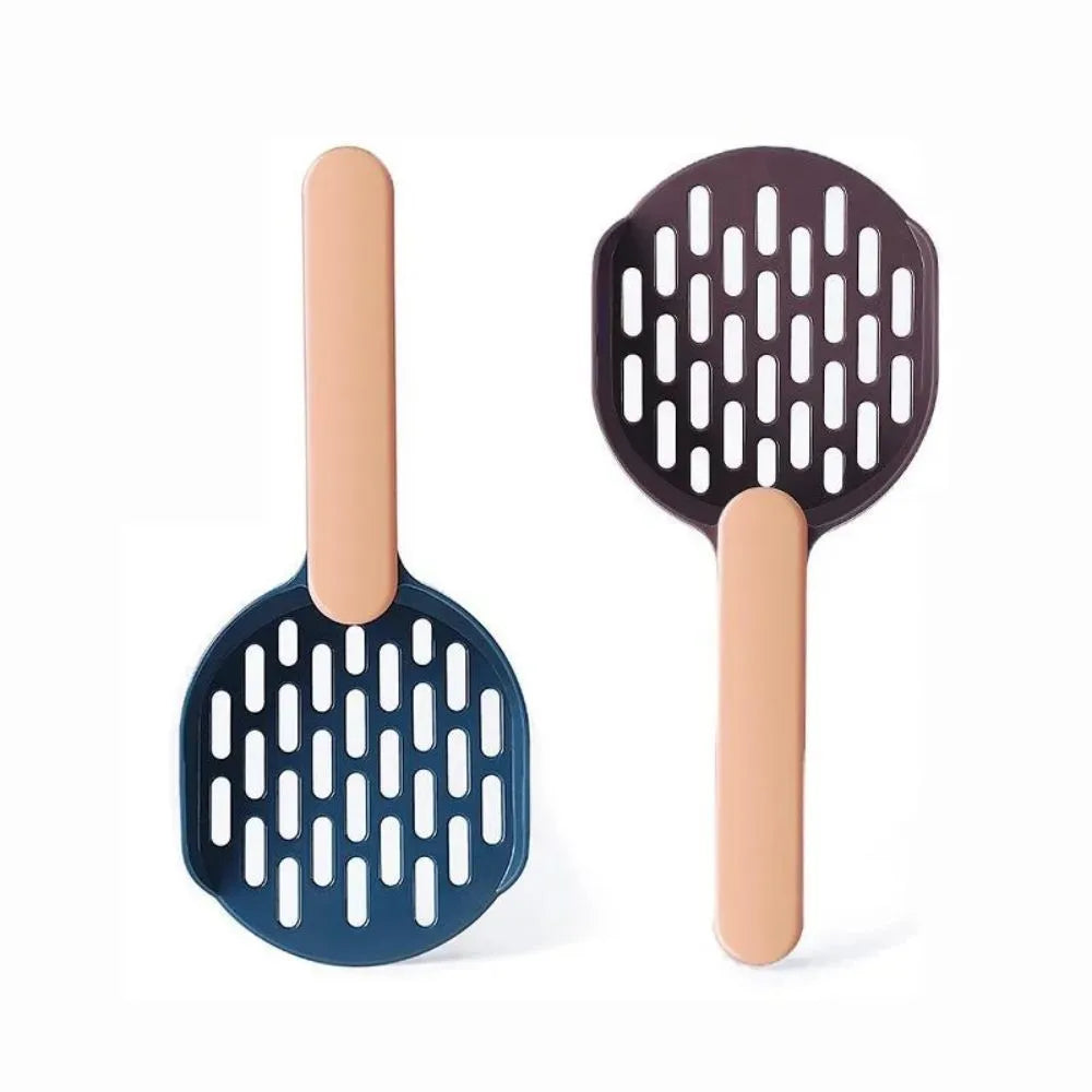 Blue plastic cat litter shovel with angled handle on a white background.
