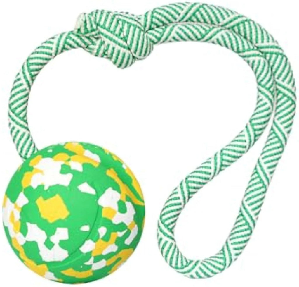 Natural rubber dog ball attached to a blue nylon rope for fetch and tug-of-war games.
