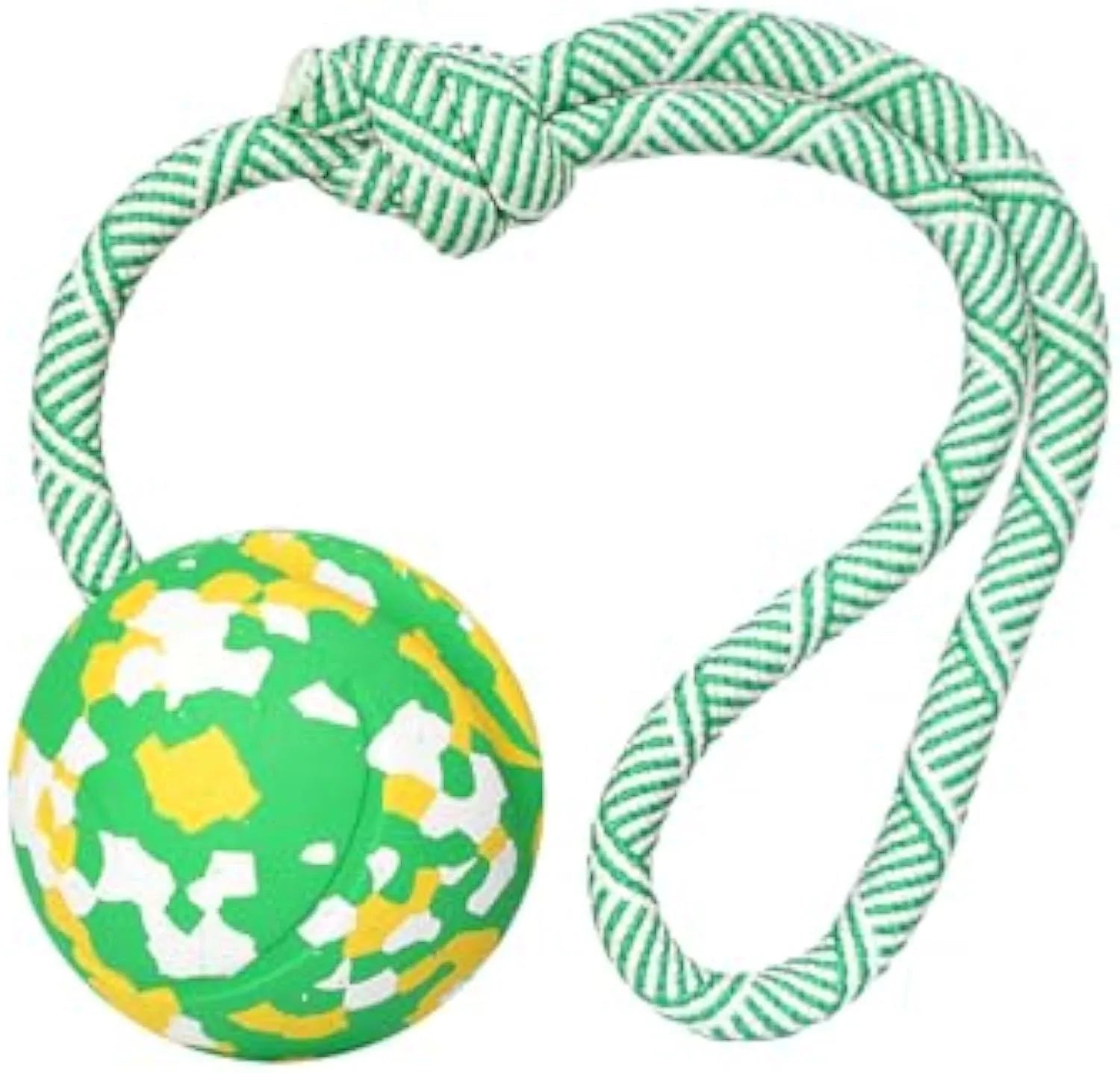 Natural rubber dog ball attached to a blue nylon rope for fetch and tug-of-war games.