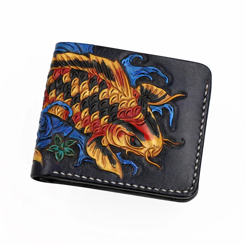 Men's solid colour leather short wallet with manual carving detail, shown in blue, red, and gold.
