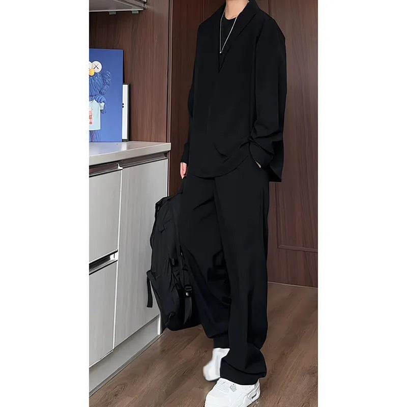 Men's black long sleeve polo shirt and trousers two-piece set in slim fit made from elastic hemp fabric.