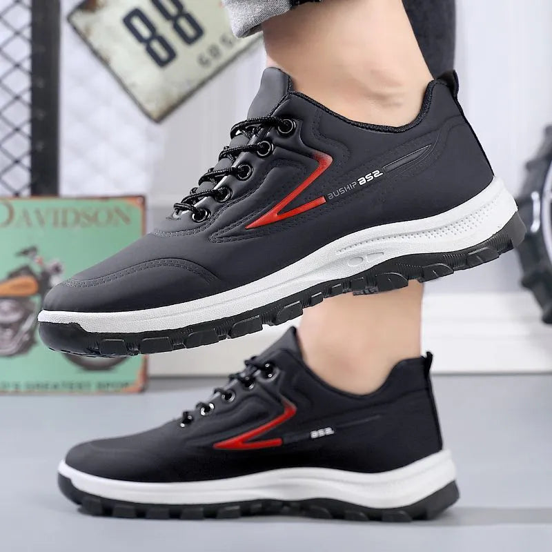 Waterproof leisure sports shoes with artificial PU upper and soft sole in black and grey colour