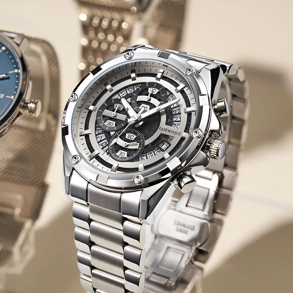 Men's waterproof quartz watch with luminous hands and stainless steel band in three colour variations.