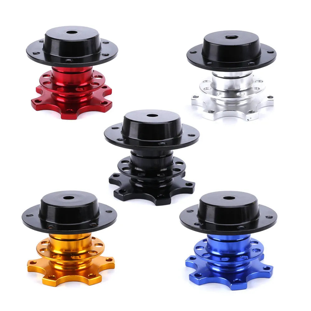 Car steering wheel quick release adapter in black, red, blue, silver, and gold colour options.
