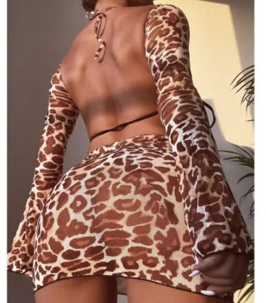 Leopard print bikini swimsuit set with matching top and briefs