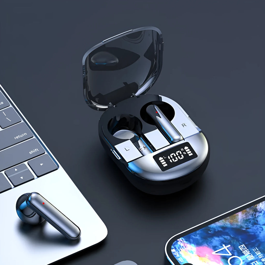 Black and white wireless Bluetooth earphones with charging case showing digital display