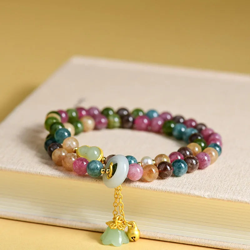 Natural chalcedony double ring bracelet with geometric beads