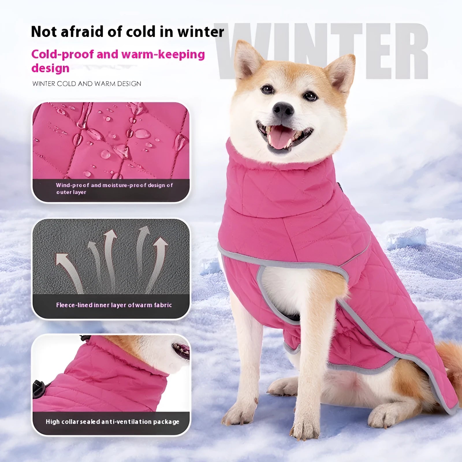 Rose Red lightweight cotton-padded dog coat on a medium breed dog, polyester casual style for cold weather
