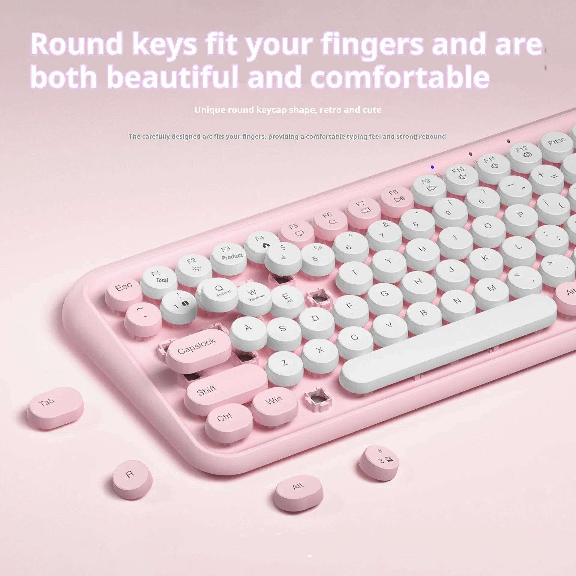 Pink Bluetooth keyboard with 84 quiet mechanical keys in compact wireless design