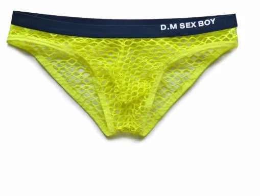 Men's large size mesh briefs in black, dark grey, rose red and fluorescent yellow colours.