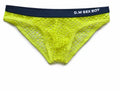 Men's large size mesh briefs in black, dark grey, rose red and fluorescent yellow colours.