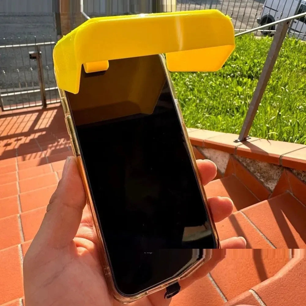 Yellow and black plastic phone sunshade holder with clip for beach and poolside use