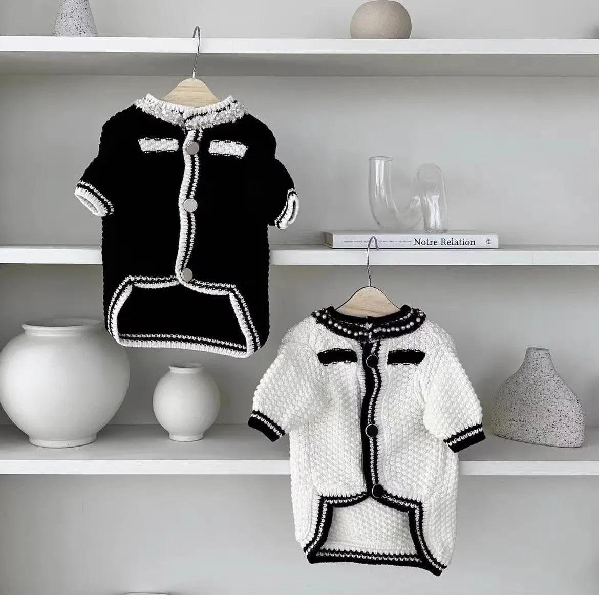 Korean style white puppy sweater with pearl collar for small dogs in XS to XL sizes