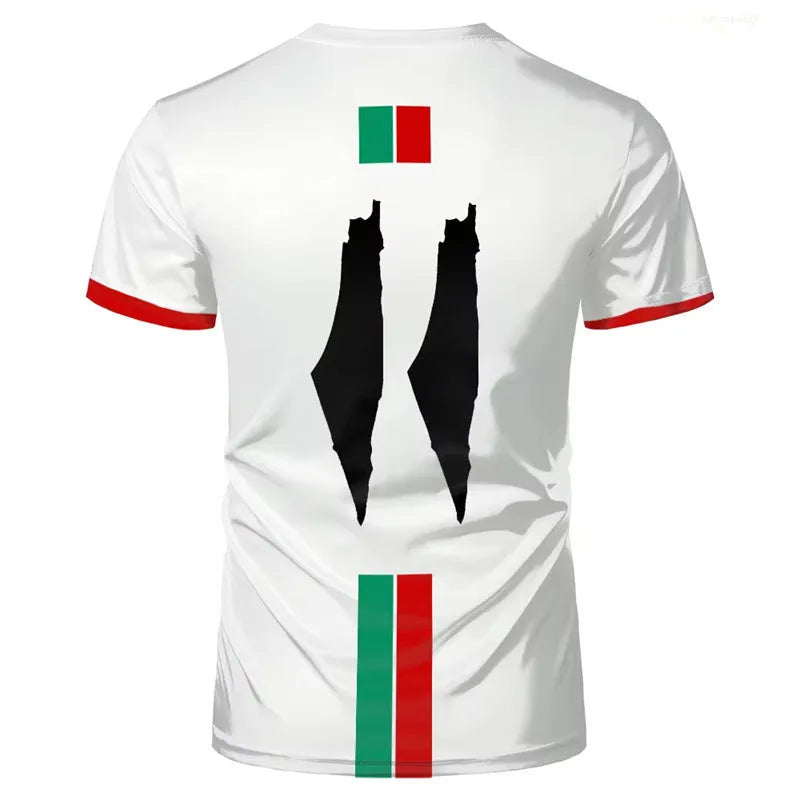 Man's black 3D printed football t-shirt with raised graphic, showing half-length sleeves and a regular fit.