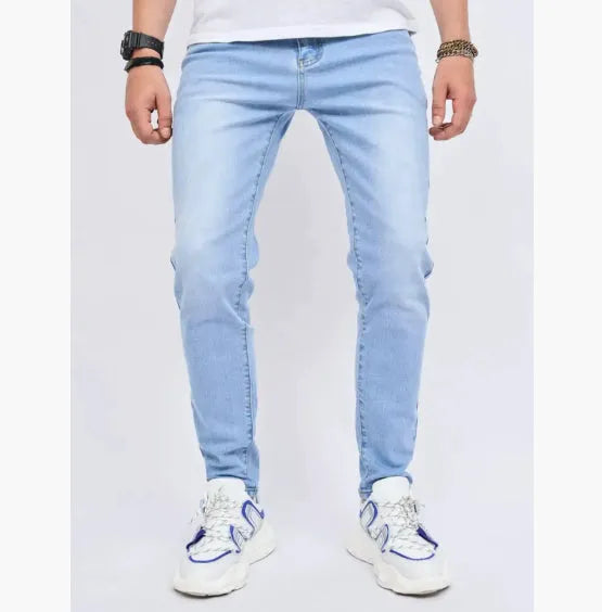 Men's light blue stretch slim-fit jeans cotton trousers side view