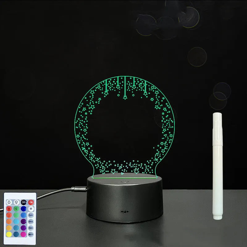 3D acrylic LED message board with touch control, black ABS base, USB cable, and stylus pen on desk