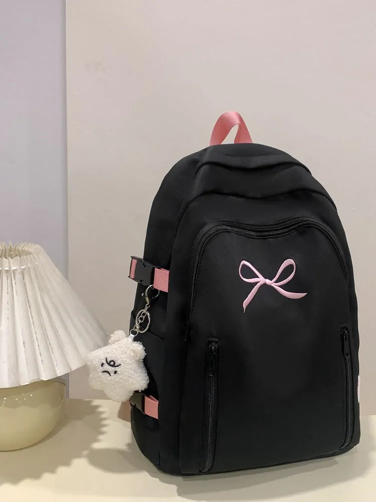 Nylon bow backpack large capacity 36-55L solid colour college style ultra light for women black blue pink white yellow