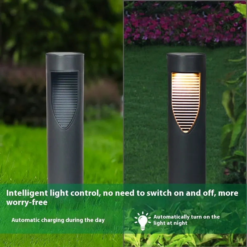 Black geometric solar-powered outdoor garden light with abstract design.