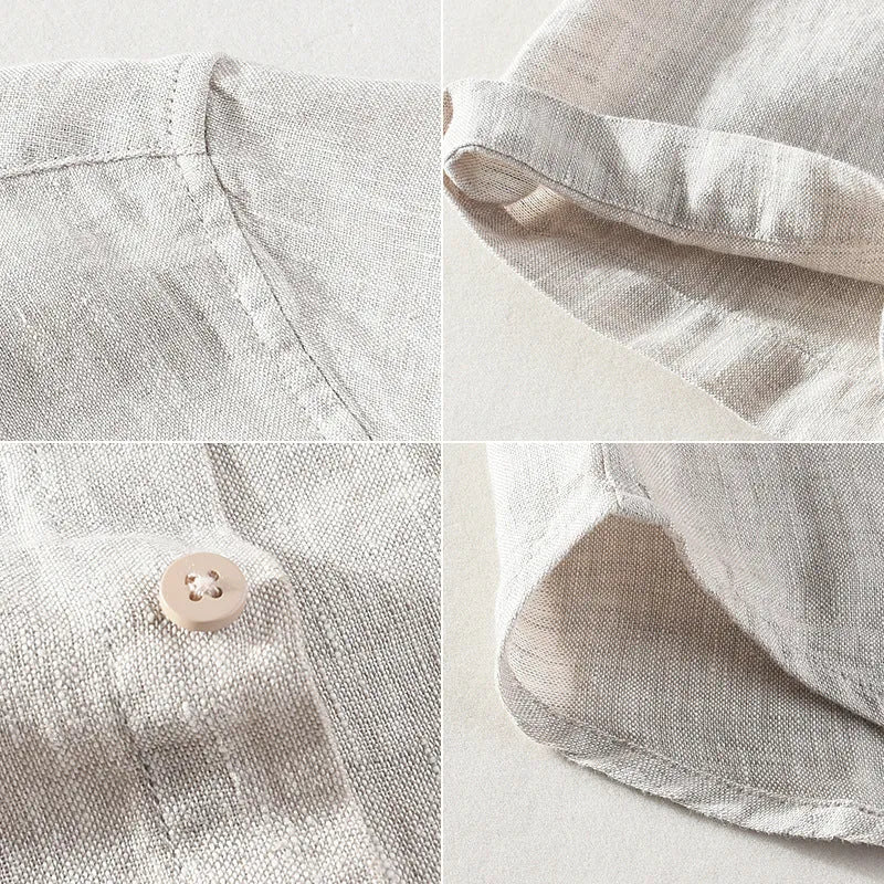 Men's raw jute coloured linen shirt with a square collar and short sleeves on a hanger.