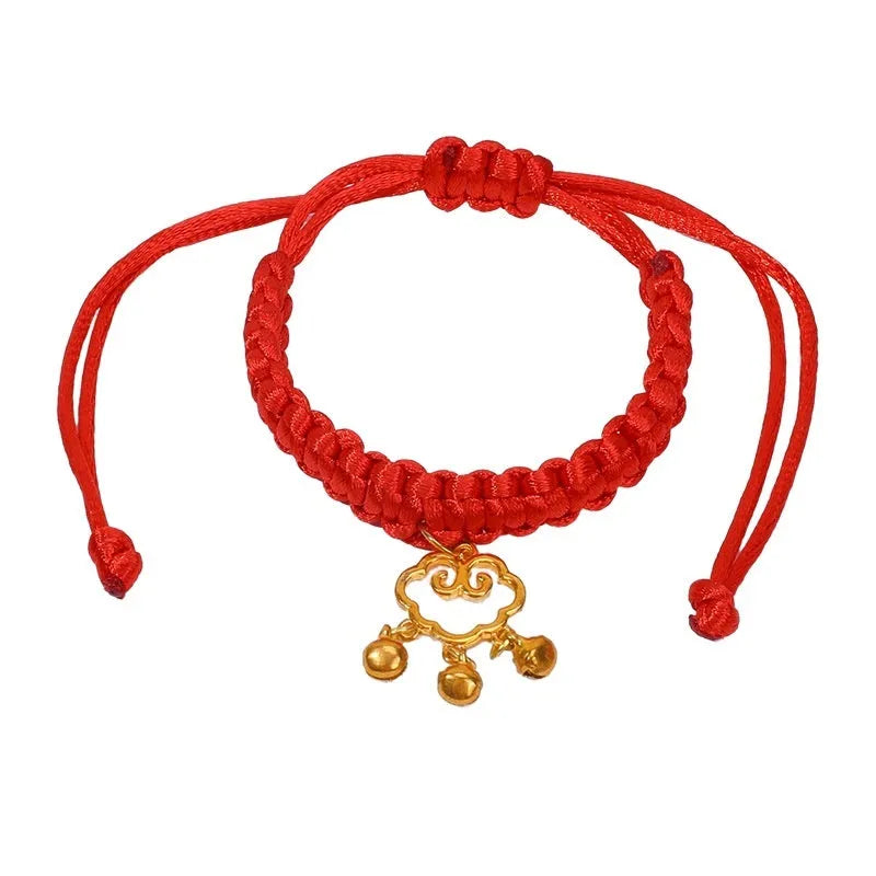 Hand-woven red rope pet collar with alloy charm, adjustable 15-40cm, solid colour design