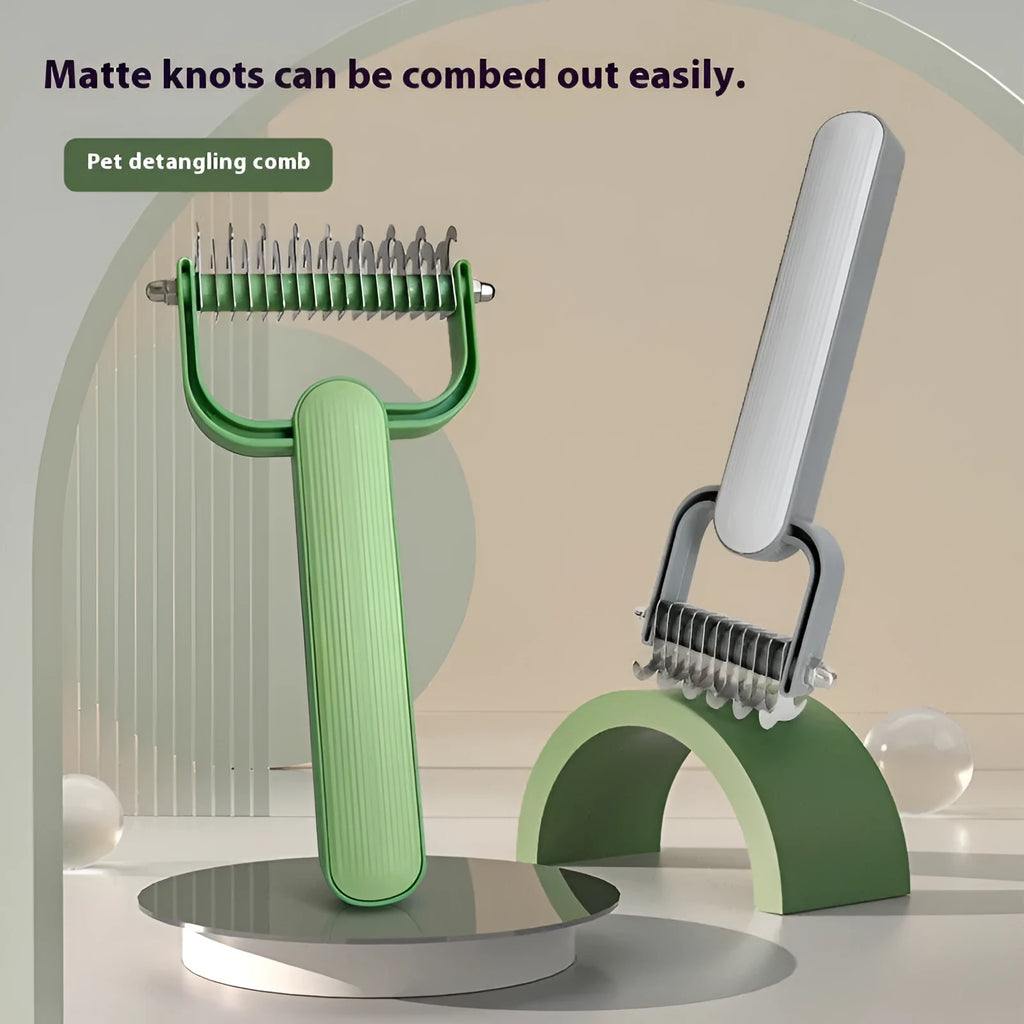 Green and grey dog detangling combs with stainless steel teeth on a white background, showing small and large sizes.
