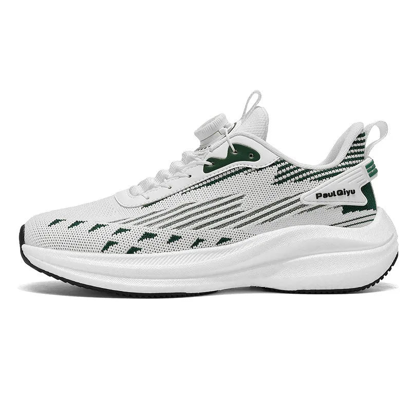 Men's rotating buckle fly-kit mesh running shoes in white green, grey and black colours with low-top design