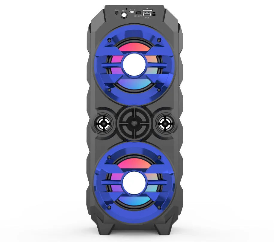 Portable Bluetooth speaker with colour light display and pull rod handle in blue plastic casing