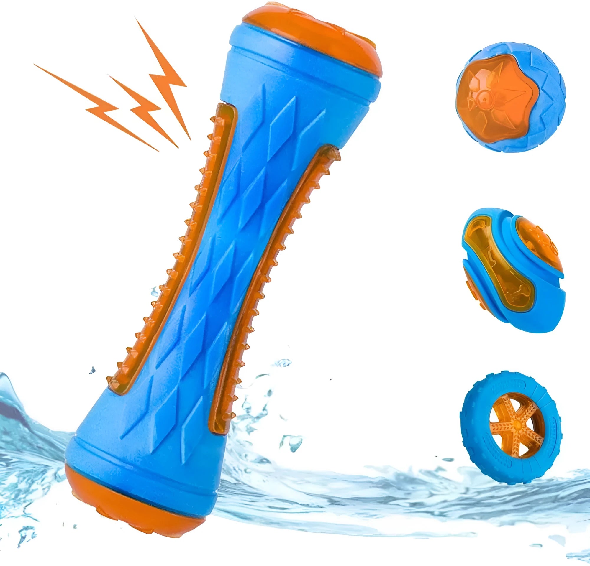 Set of three TPR dog toys: a spiky ball, a barbell, and a tyre, all floating in water.