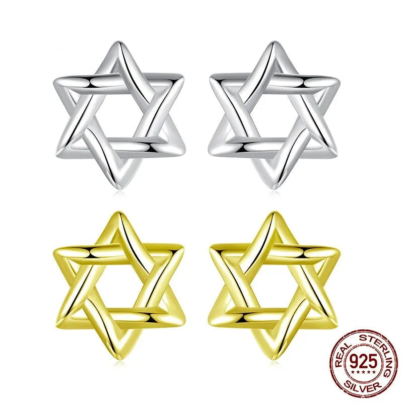 Pair of S925 sterling silver six-pointed star stud earrings on a flat surface, silver colour, 1 cm diameter
