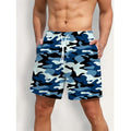 Man wearing coloured print polyester beach shorts with an elastic waistband for summer travel.