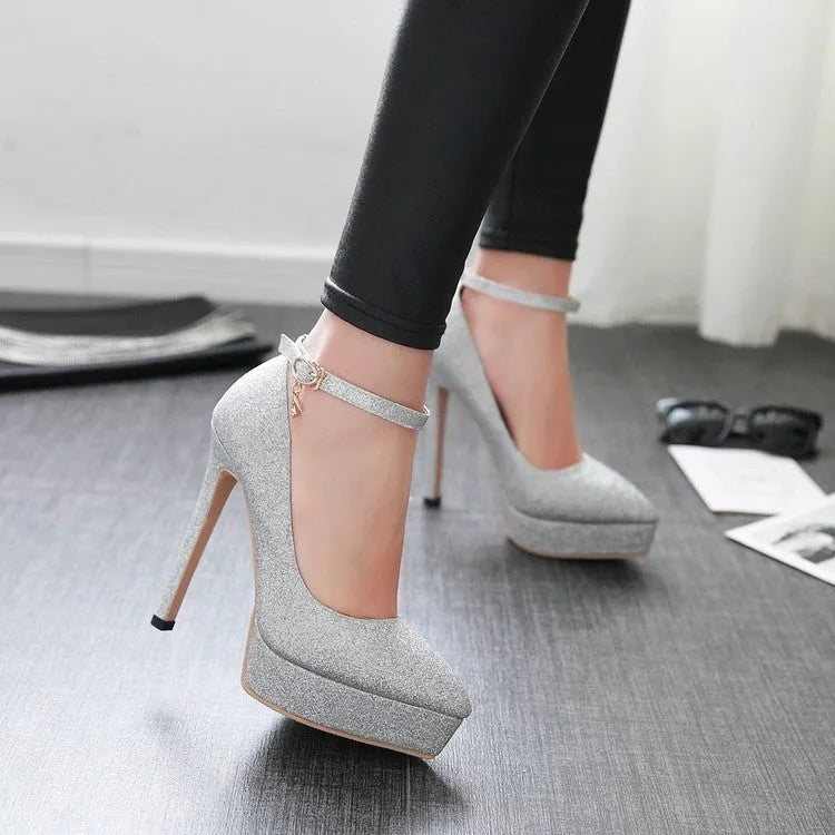 Women's waterproof platform stilettos in black with ankle bandage buckle and 13cm heel