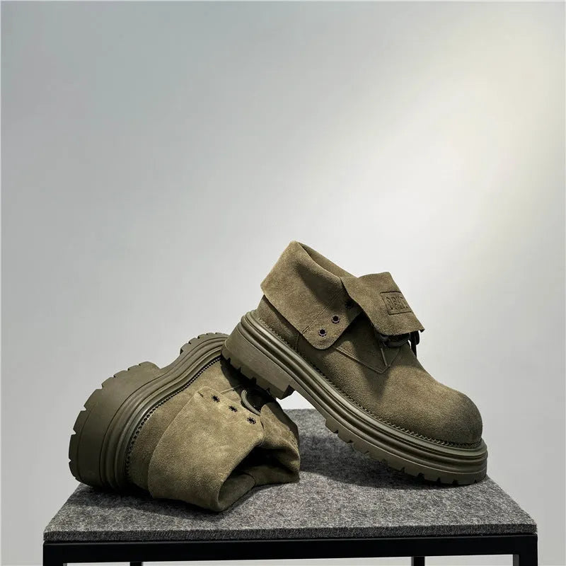 Retro distressed cow suede worker ankle boots with thick soles in camel colour.