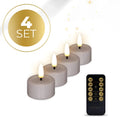 Four taupe-coloured LED flameless tealight candles arranged together.