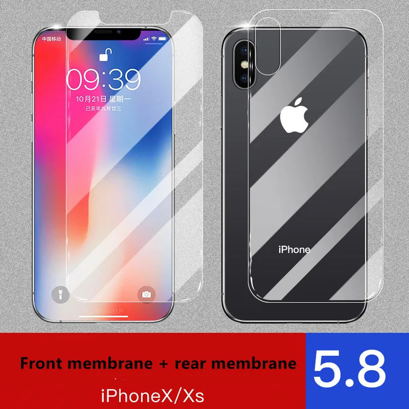 iPhone 11 Pro Max tempered glass screen protector with rear film and front film options.
